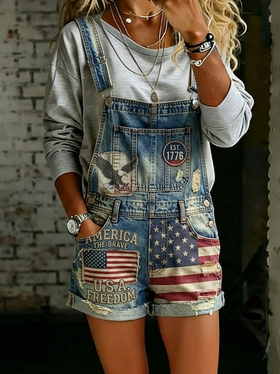 Women's America The Brave USA Flag Eagle Print Casual Shorts Overalls
