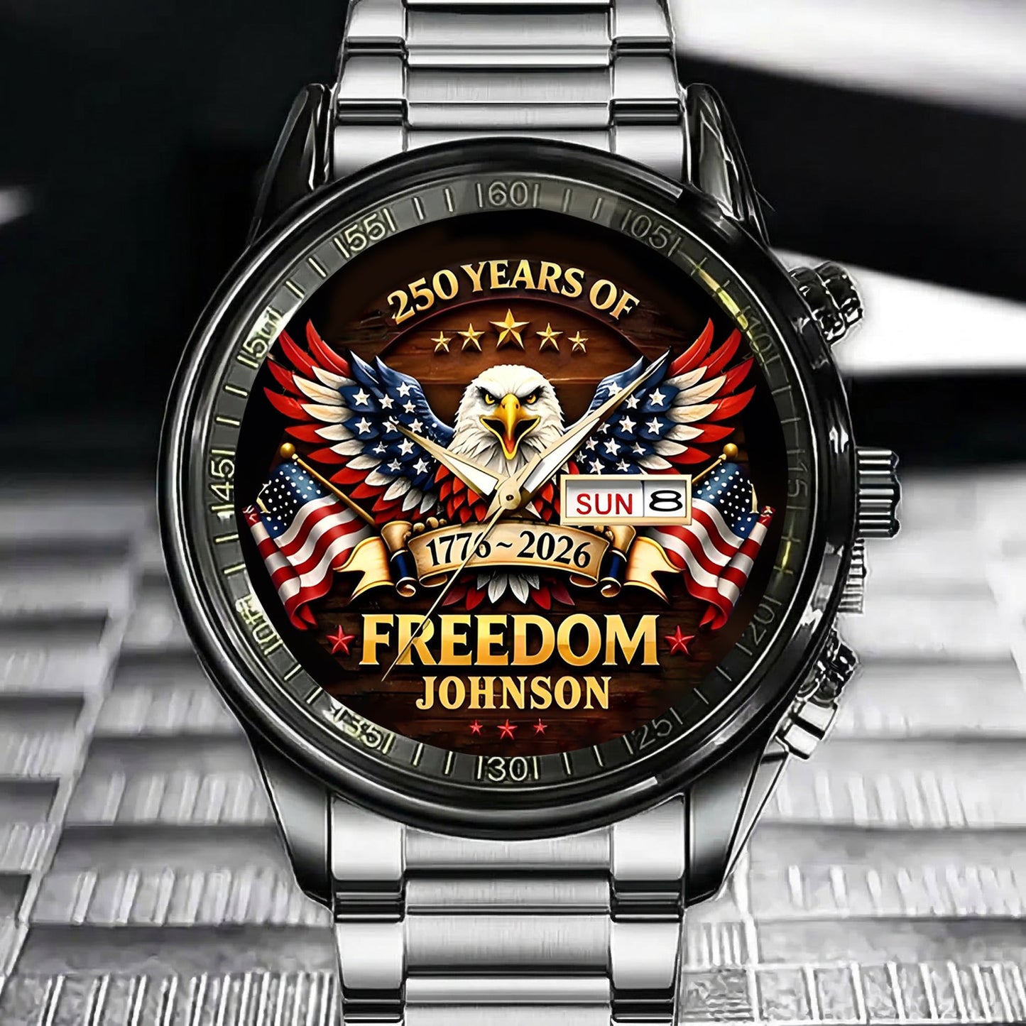 🇺🇸 Personalized "250 Years of Freedom" Commemorative Men's Watch | Custom Family Name Eagle Timepiece