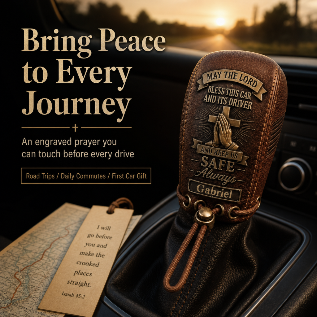 🙏 The "Traveler's Blessing" Custom Leather Gear Shift Cover | Faith Behind The Wheel ✨