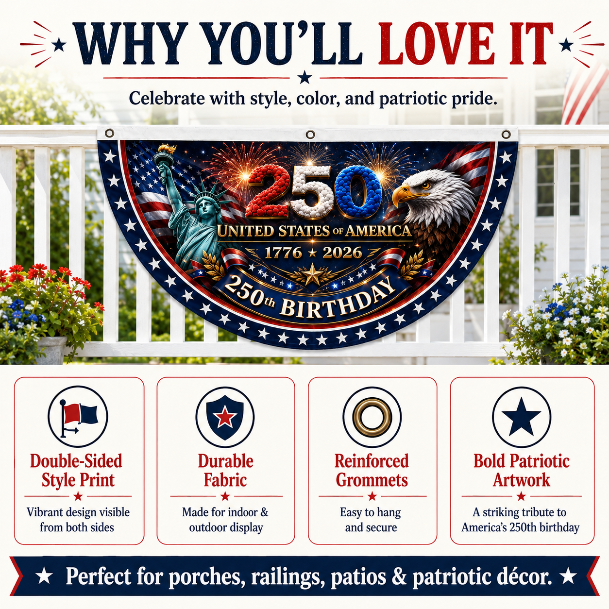 🎉4th July Flash 60% OFF ⭐ 250th Birthday Patriotic Porch Bunting