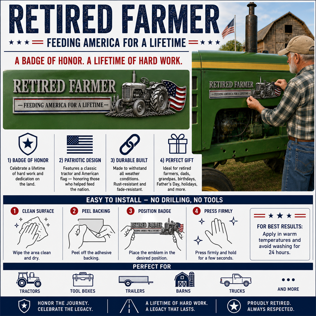 Retired Farmer – Feeding America for a Lifetime Metal Emblem