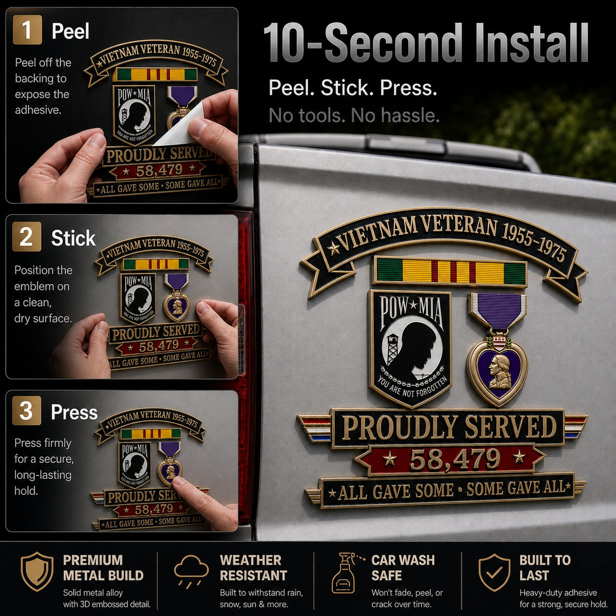 🎖️Vietnam Veteran 1955–1975 Memorial Metal Car Emblem