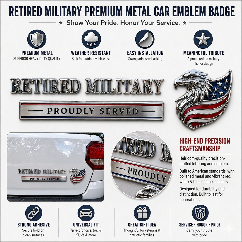 🇺🇸 Retired Military Proudly Served Eagle Car Emblem Metal Badge