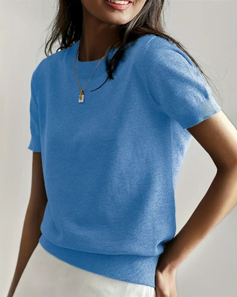 Women's Solid Color Crew Neck Short Sleeve Sweater