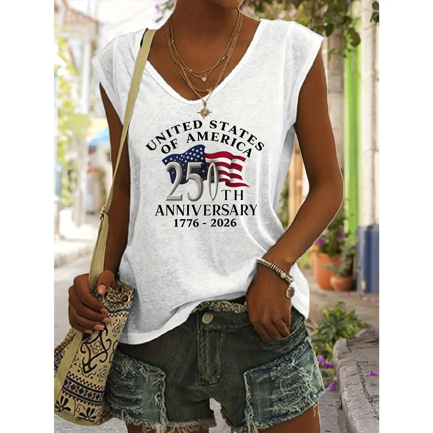 Casual Vneck Sleeveless White Tshirt with American Flag 250th Anniversary Print