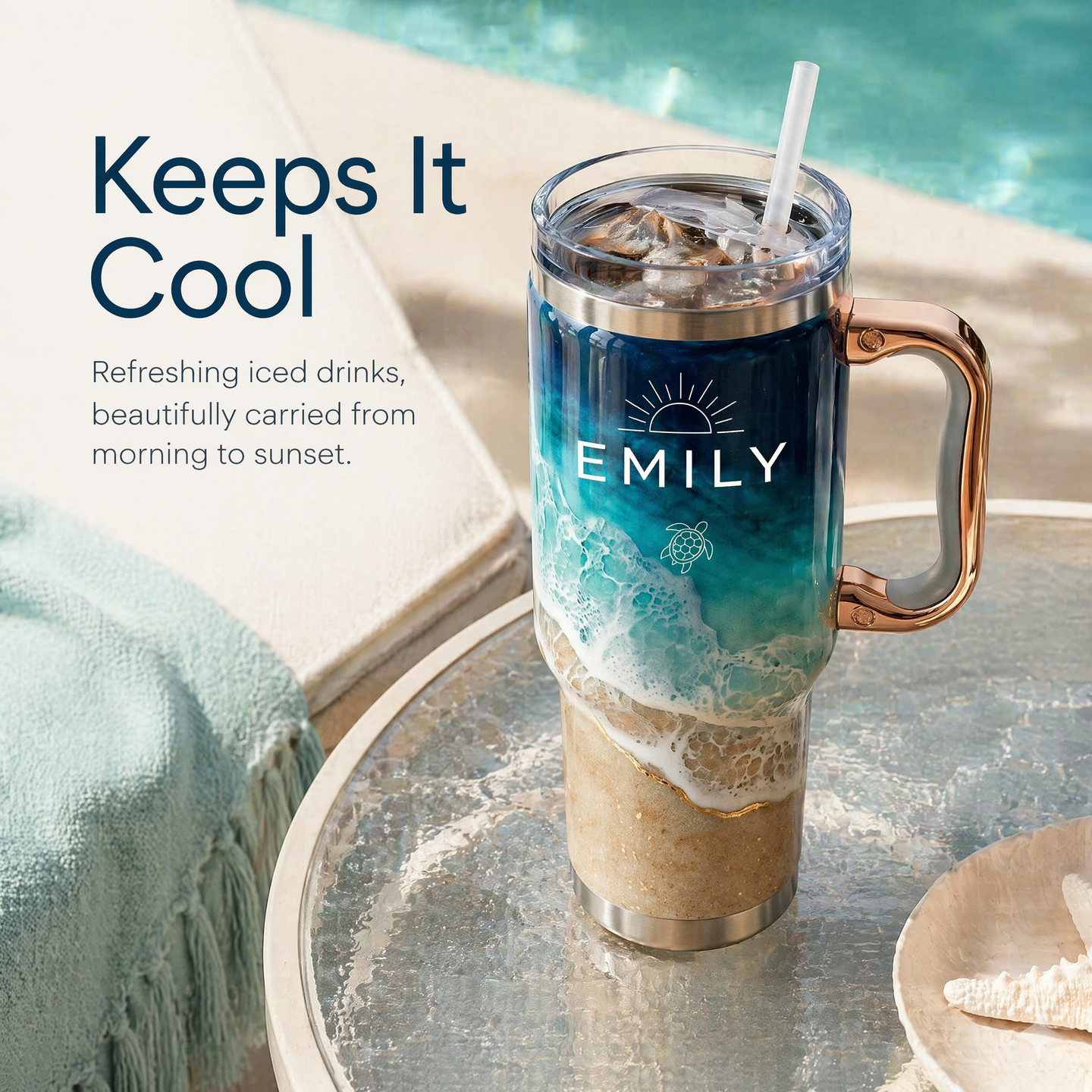 Your Daily Sip of Sunshine & Sea Salt 🌊 | Personalized Coastal Oasis Tumbler with Rose Gold Handle (30oz/40 oz)