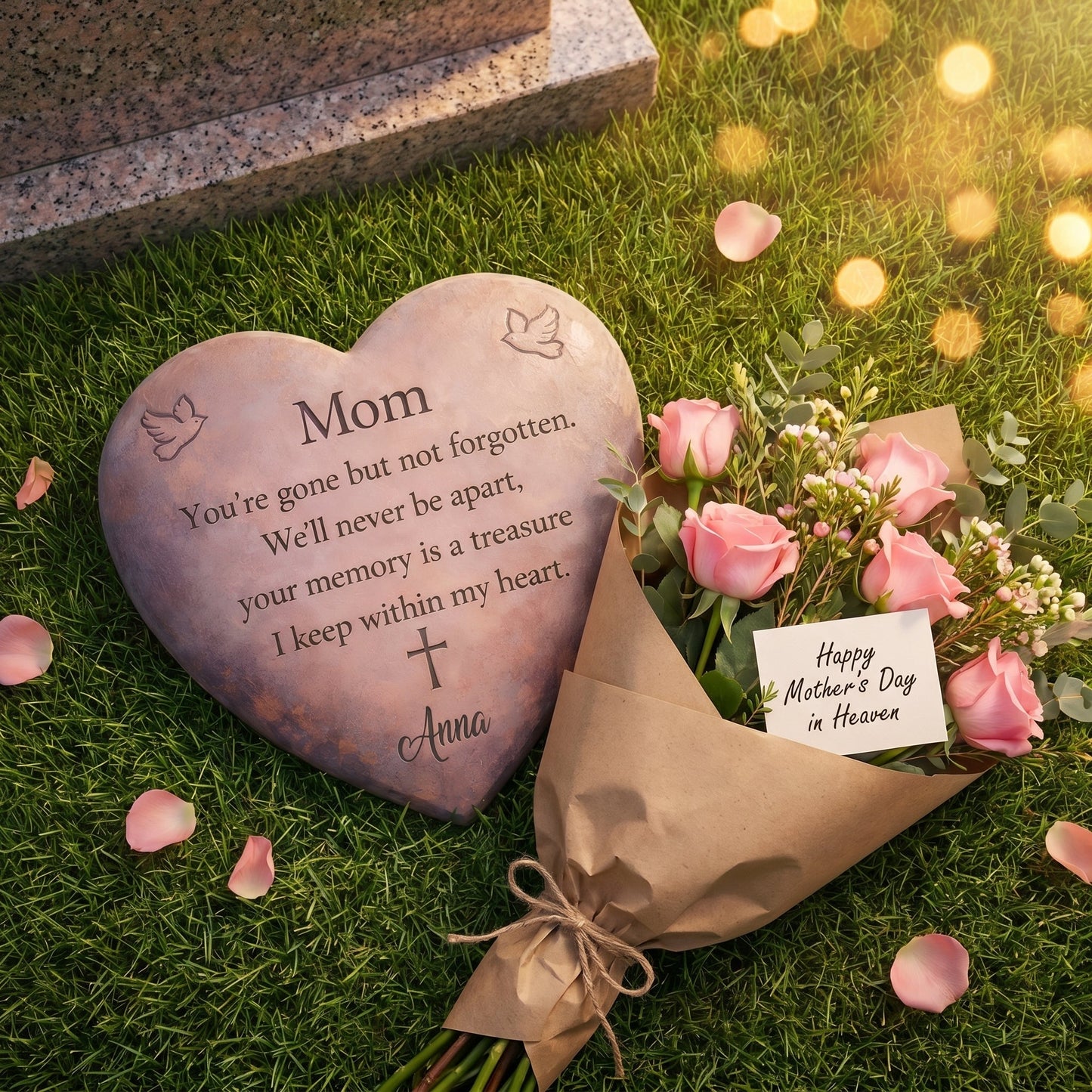 Personalized "Mom" Heart Memorial Stone 🕊️ | Sympathy Garden Plaque | In Loving Memory Tribute