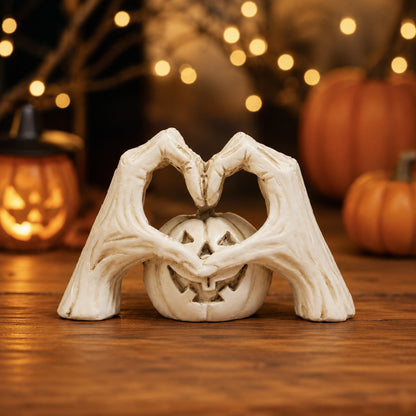 🖤🎃"Til Death" Skeleton Hands Heart & White Pumpkin Figurine | Spooky Chic Gothic Halloween Decor