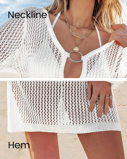 Deep Plunge Long Sleeve Beach Crochet Cover Up Dress