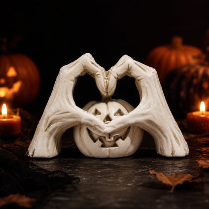 🖤🎃"Til Death" Skeleton Hands Heart & White Pumpkin Figurine | Spooky Chic Gothic Halloween Decor