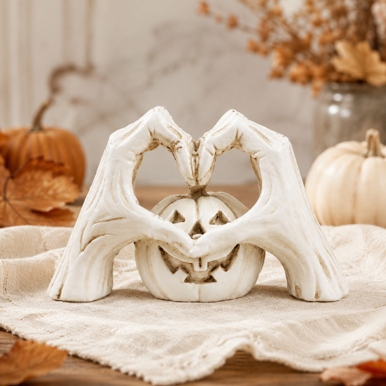 🖤🎃"Til Death" Skeleton Hands Heart & White Pumpkin Figurine | Spooky Chic Gothic Halloween Decor