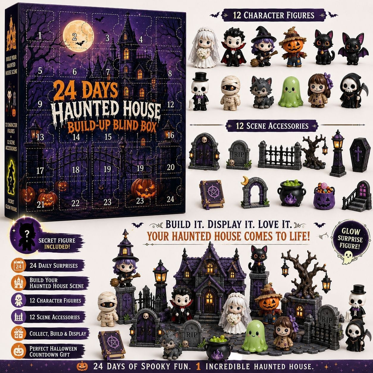 24-Day Haunted House Build-Up Blind Box | "Creepy-Cute" Halloween Countdown Calendar & Collectible Diorama|Halloween 24-day advent calendar