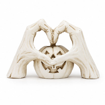 🖤🎃"Til Death" Skeleton Hands Heart & White Pumpkin Figurine | Spooky Chic Gothic Halloween Decor