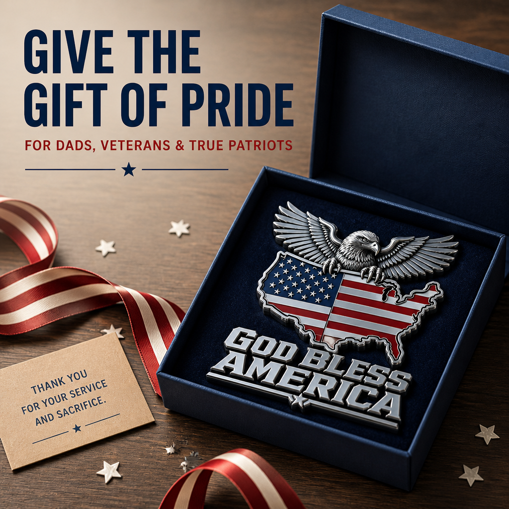 God Bless America Metal Emblem — Bald Eagle with U.S. Map Design