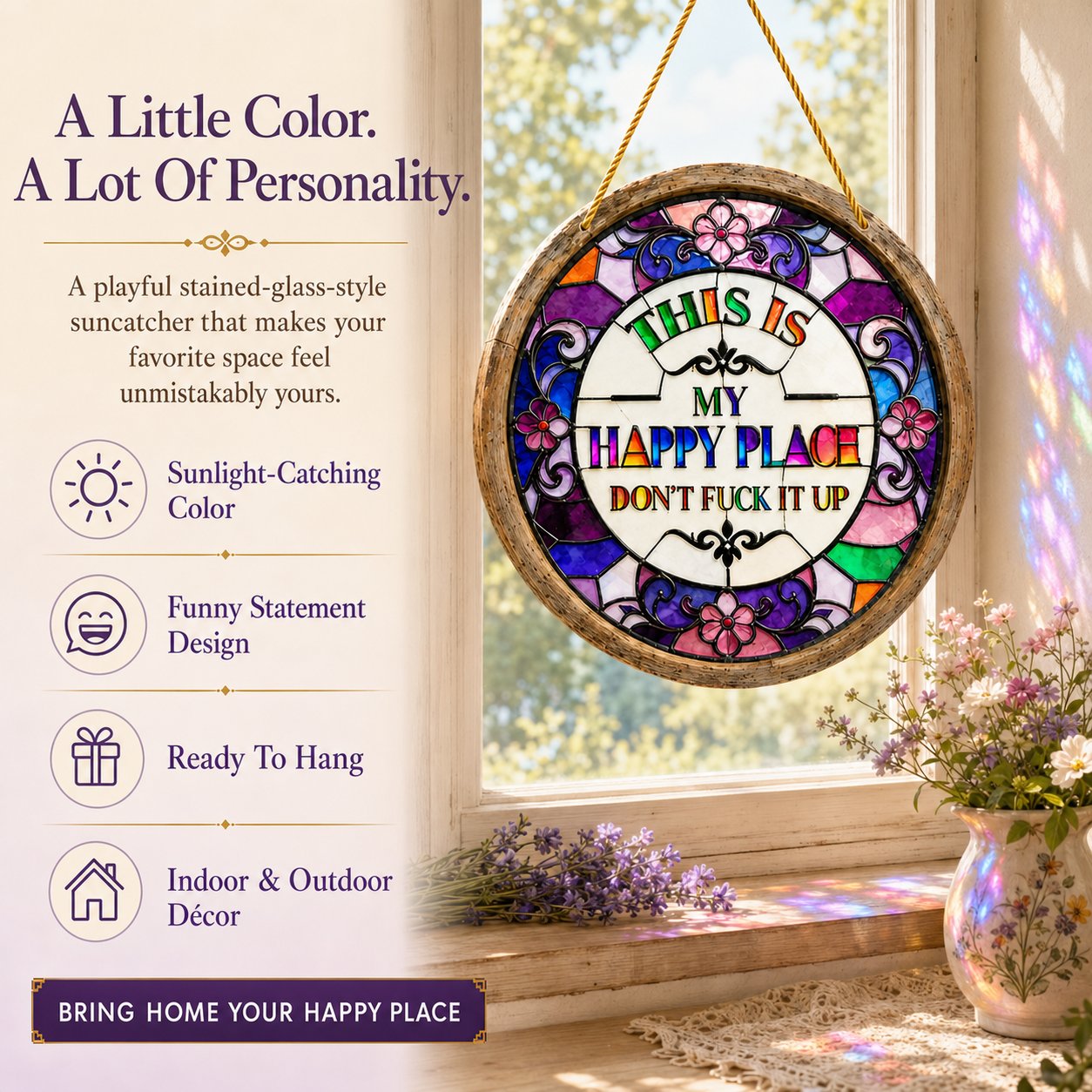 🔥 LAST DAY 49% OFF – 🌈 Stained Glass-Style Happy Place Hanging Suncatcher | Sunlight-Catching Quote Decor for Windows, Porches, Patios & Gifts ✨