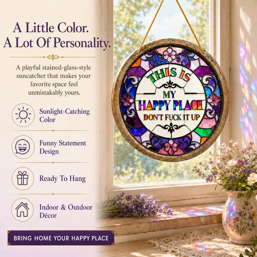🔥 LAST DAY 49% OFF – 🌈 Stained Glass-Style Happy Place Hanging Suncatcher | Sunlight-Catching Quote Decor for Windows, Porches, Patios & Gifts ✨