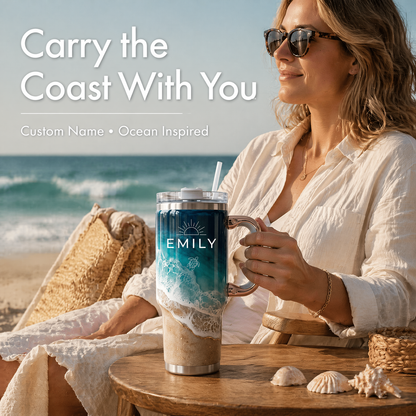 Your Daily Sip of Sunshine & Sea Salt 🌊 | Personalized Coastal Oasis Tumbler with Rose Gold Handle (30oz/40 oz)