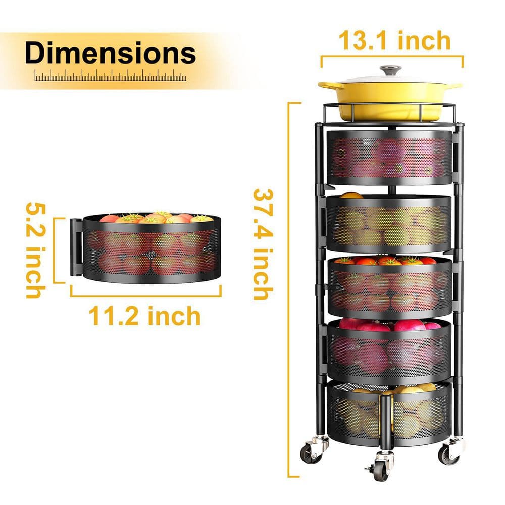 5-Tier Rolling Fruit & Vegetable Storage Basket with Lid