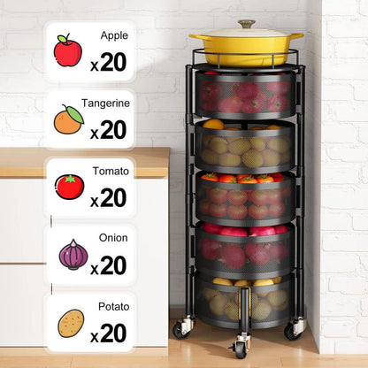 5-Tier Rolling Fruit & Vegetable Storage Basket with Lid