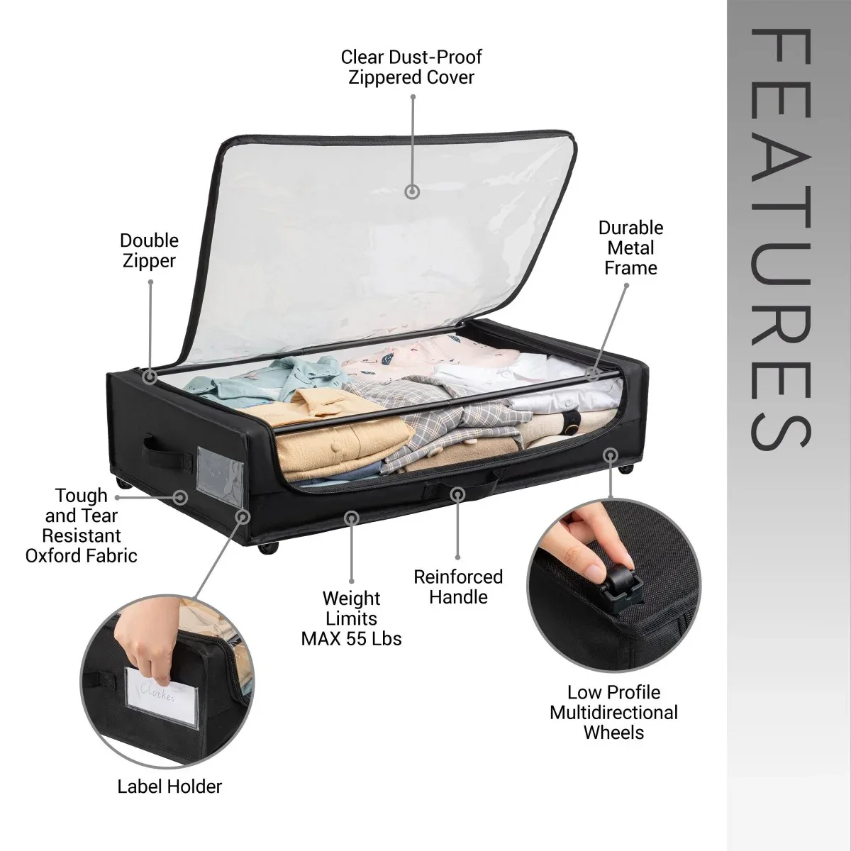 Set of 2 Under-Bed Rolling Storage Containers With Transparent Cover