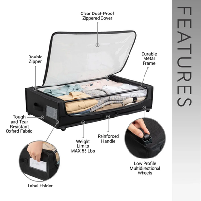 Set of 2 Under-Bed Rolling Storage Containers With Transparent Cover