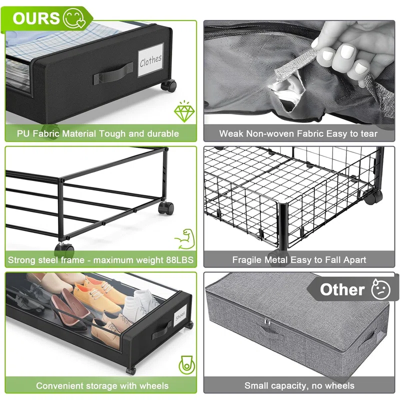 Set of 2 Under-Bed Rolling Storage Containers With Transparent Cover