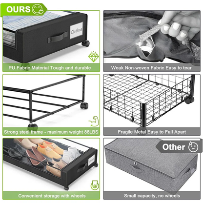 Set of 2 Under-Bed Rolling Storage Containers With Transparent Cover