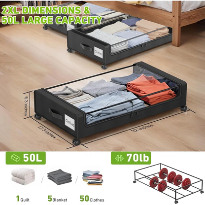 Set of 2 Under-Bed Rolling Storage Containers With Transparent Cover