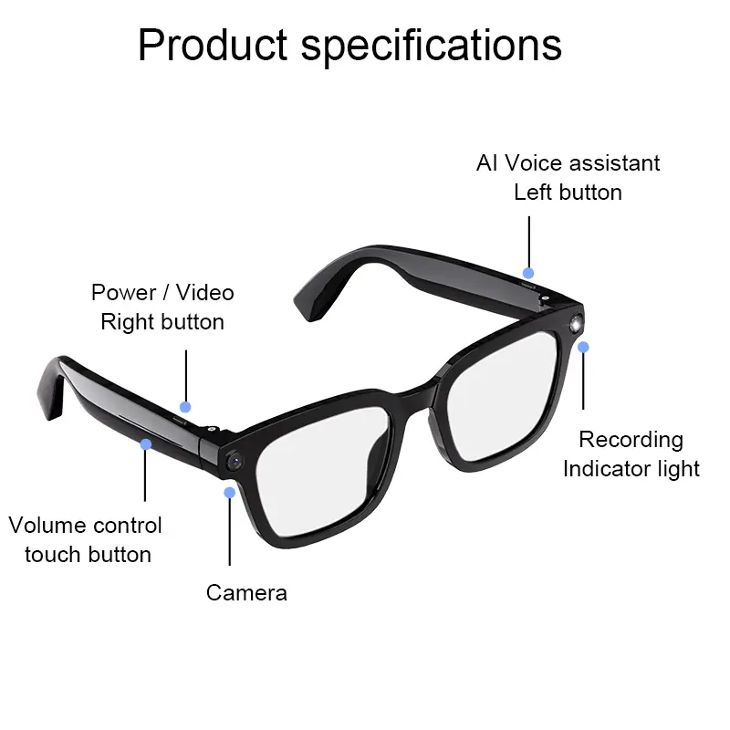 Smart Audio Glasses with HD Camera Bluetooth Wireless Open Ear Sound Anti Blue Light Outdoor