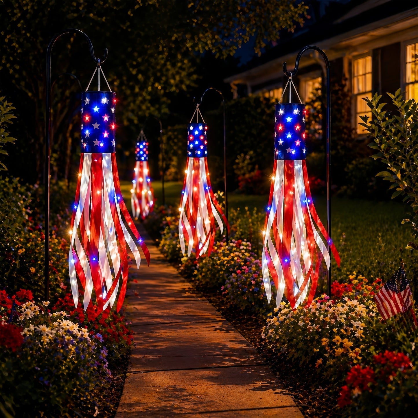 💈💈3 Pack 50 Inch Large American Flag Windsocks with Red White Blue Lights