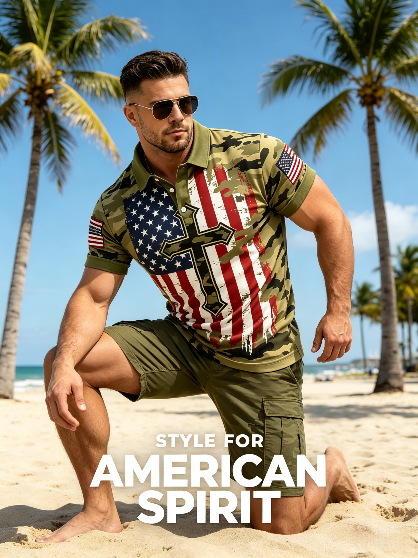 250th Anniversary American Camouflage Flag and Cross Print Polo Shirt