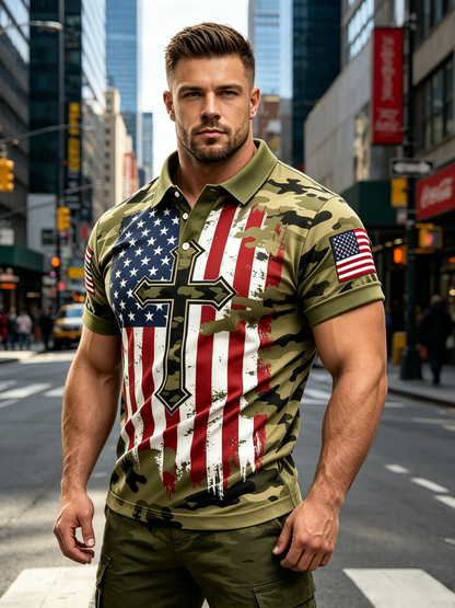 250th Anniversary American Camouflage Flag and Cross Print Polo Shirt