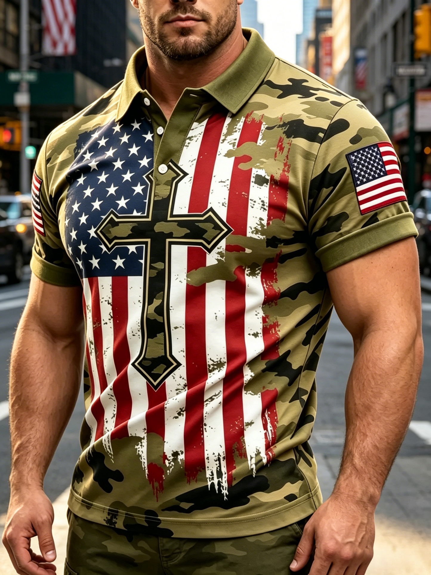 250th Anniversary American Camouflage Flag and Cross Print Polo Shirt