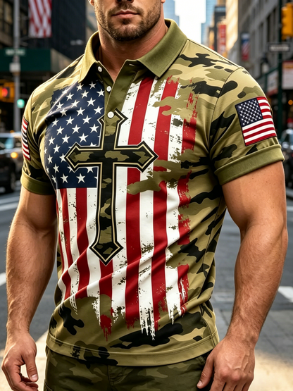 250th Anniversary American Camouflage Flag and Cross Print Polo Shirt