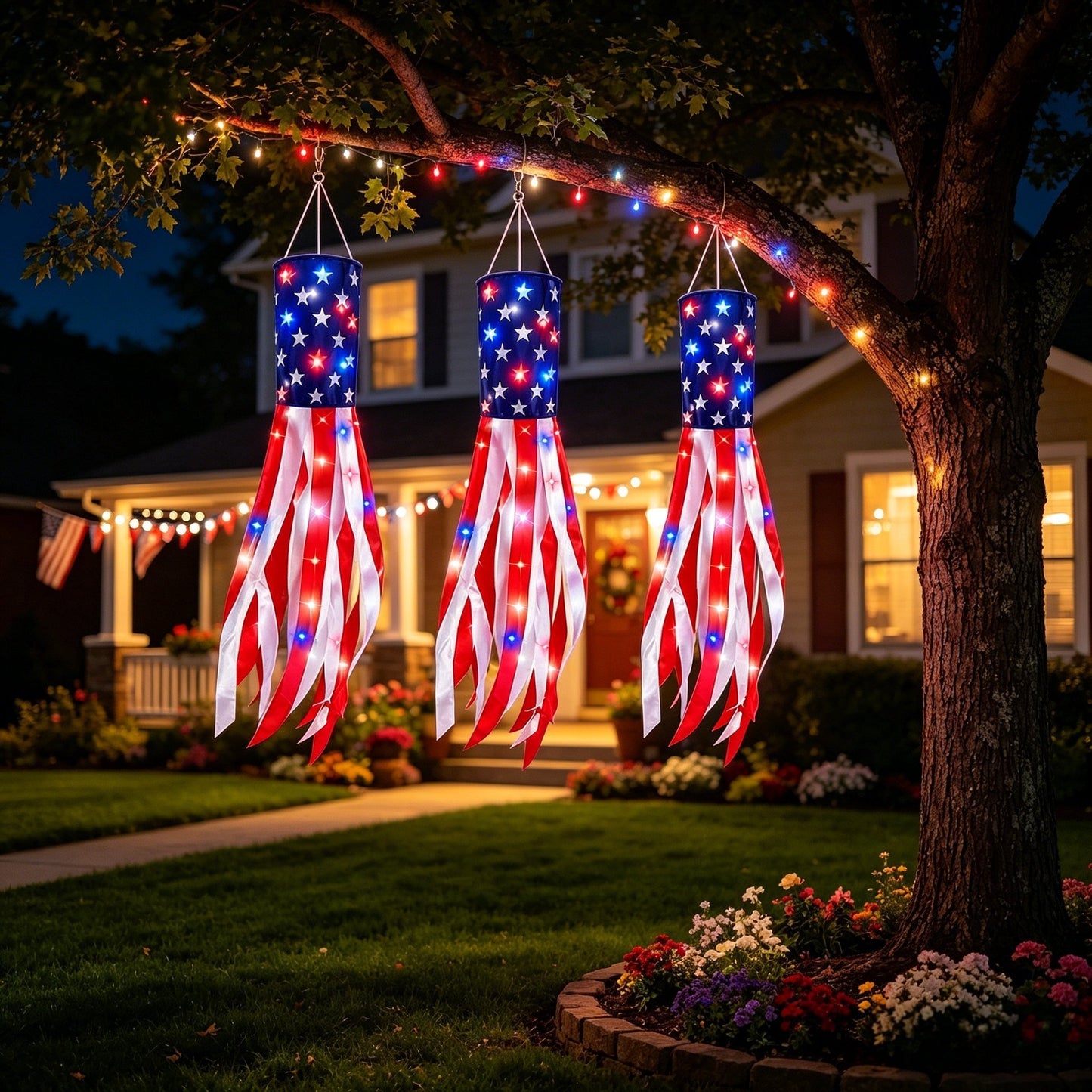 💈💈3 Pack 50 Inch Large American Flag Windsocks with Red White Blue Lights