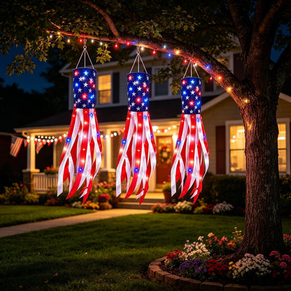 💈💈3 Pack 50 Inch Large American Flag Windsocks with Red White Blue Lights