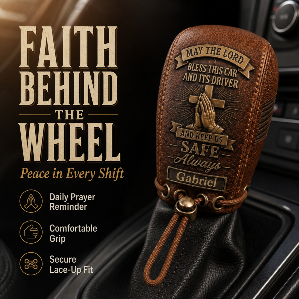 🙏 The "Traveler's Blessing" Custom Leather Gear Shift Cover | Faith Behind The Wheel ✨