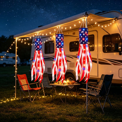 💈💈3 Pack 50 Inch Large American Flag Windsocks with Red White Blue Lights