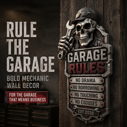 🔥Last Day 50% OFF💀Personalized Garage Rules Skull Mechanic Sign | Custom Name Vintage Garage Wall Decor