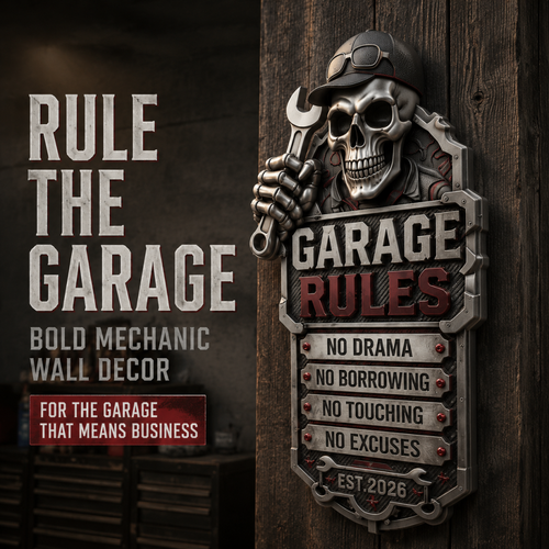 🔥Last Day 50% OFF💀Personalized Garage Rules Skull Mechanic Sign | Custom Name Vintage Garage Wall Decor