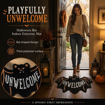 🔥 LAST DAY 49% OFF –🎃 Halloween “UNWELCOME” Bat Entryway Mat | Thick Bat-Shaped Polyester Indoor Rug, Hand-Washable in 2 Sizes 🦇✨