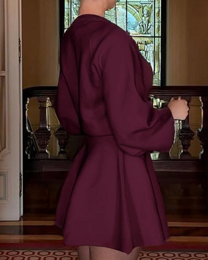 Women's semi-collared long-sleeved knitted loose-fitting one-piece sweater dress