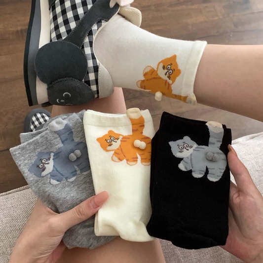 3 Pairs Cute Cat Socks with Pom Poms Soft Cotton