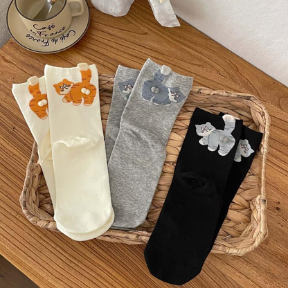 3 Pairs Cute Cat Socks with Pom Poms Soft Cotton