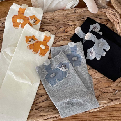3 Pairs Cute Cat Socks with Pom Poms Soft Cotton