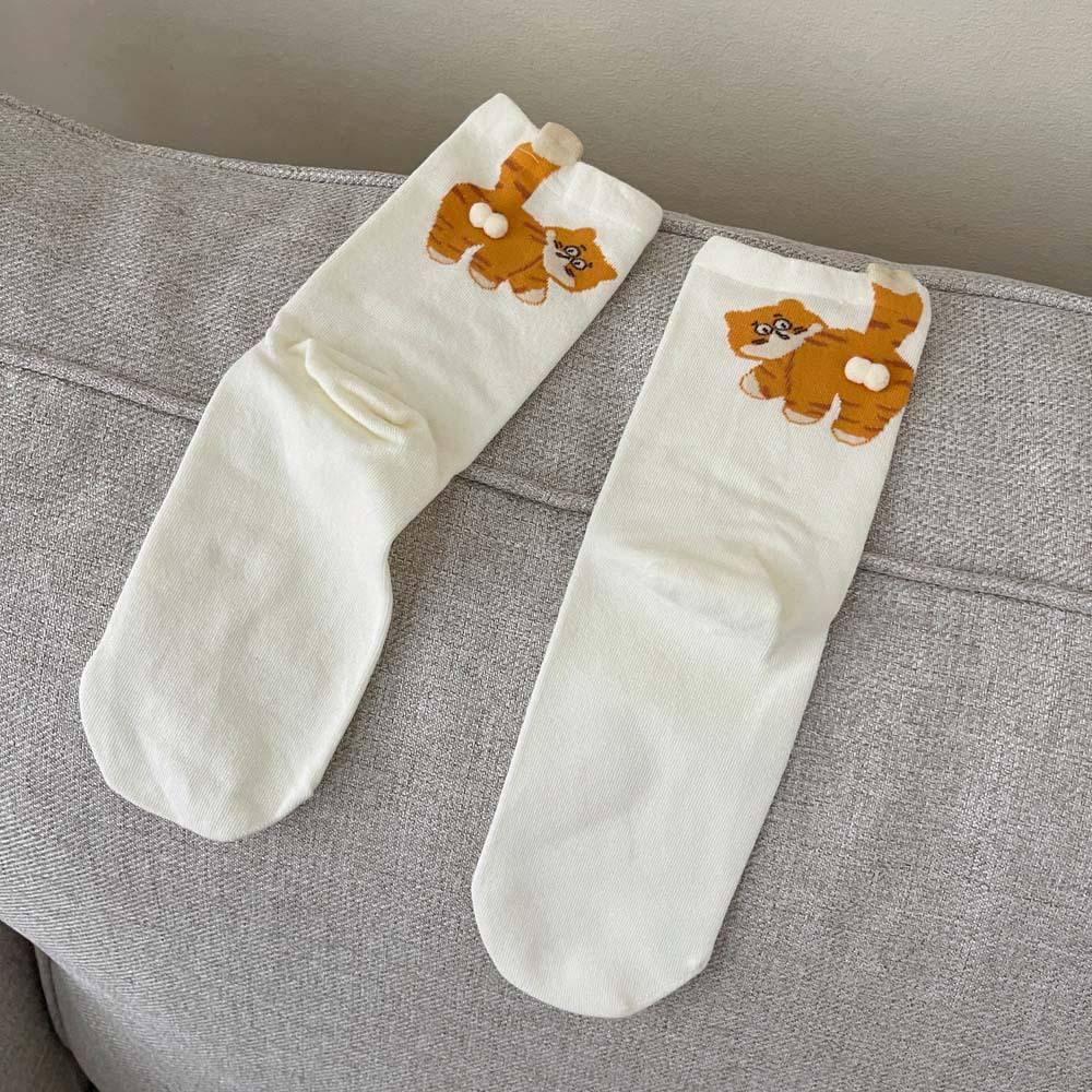 3 Pairs Cute Cat Socks with Pom Poms Soft Cotton