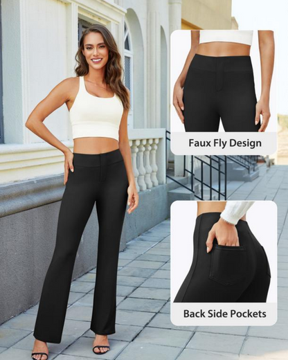 Womens High Waist Bootcut Trousers Stretch Office Pull On Slacks