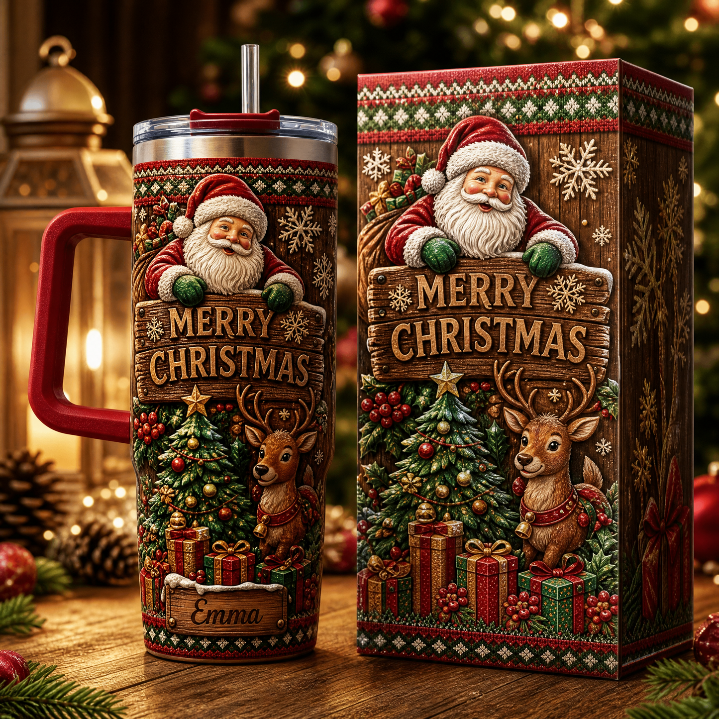 Personalized Merry Christmas Santa Reindeer 40oz Tumbler with Handle – Custom Name Holiday Gift 🎄🦌