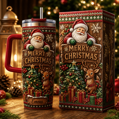 Personalized Merry Christmas Santa Reindeer 40oz Tumbler with Handle – Custom Name Holiday Gift 🎄🦌