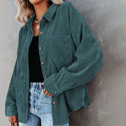 Women's Plain Pocket Button Front Corduroy Shirt